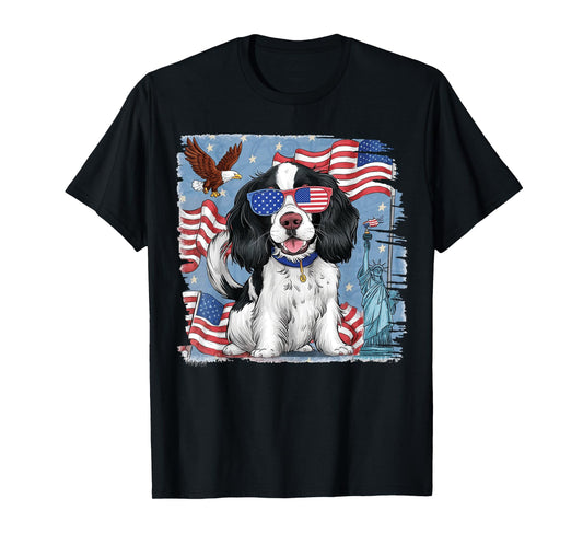 English Springer Spaniel Dog with American Flag 4th of July Women Kids Men T-Shirt