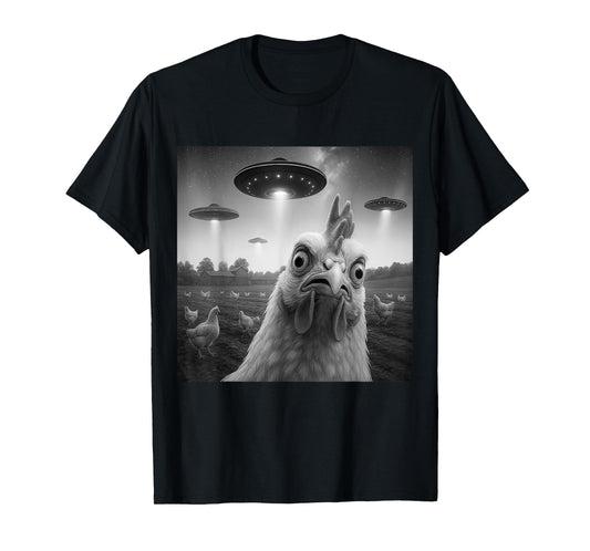 Chicken Rooster Funny Selfie Chicken with UFOs Weird Aliens T-Shirt