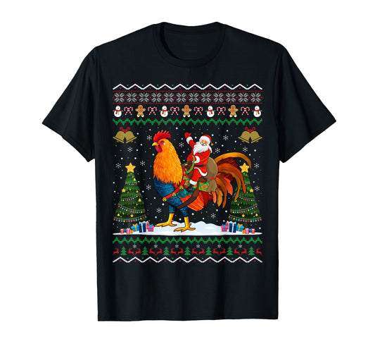 Rooster Ugly Xmas Gift Santa Riding Rooster Christmas T-Shirt