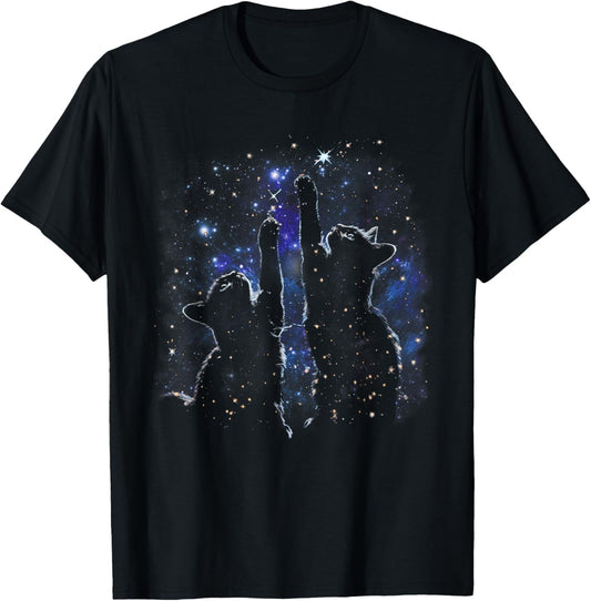 Two Cats Reaching for Stars Funny Galaxy Space Cat Night Sky T-Shirt