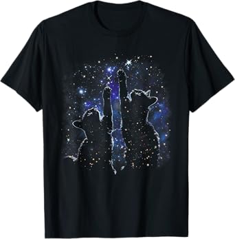 Two Cats Reaching for Stars Funny Galaxy Space Cat Night Sky T-Shirt