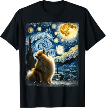 Pomeranian Dog Canine Art Van Gogh Starry Night Pomeranian T-Shirt for Men Women Kids