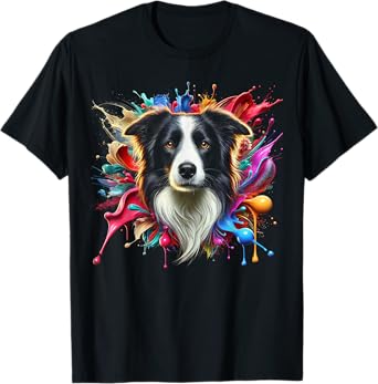 Cute Border Collie in Colourful Paint Splashes T-Shirt