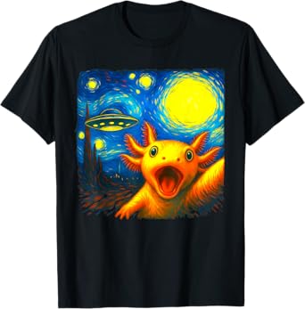Axolotl Selfie With Alien UFO Funny Starry Night Van Gogh T-Shirt
