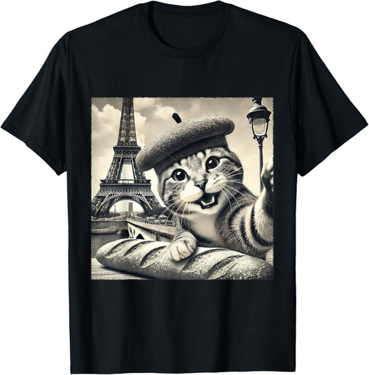 Paris Cat in Beret with Baguette Funny Eiffel Tower T-Shirt