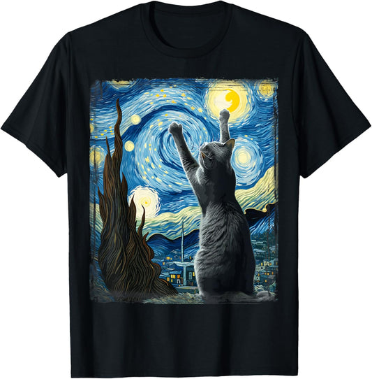 Van Gogh Starry Night Style Artistic Russian Blue Cat T-Shirt
