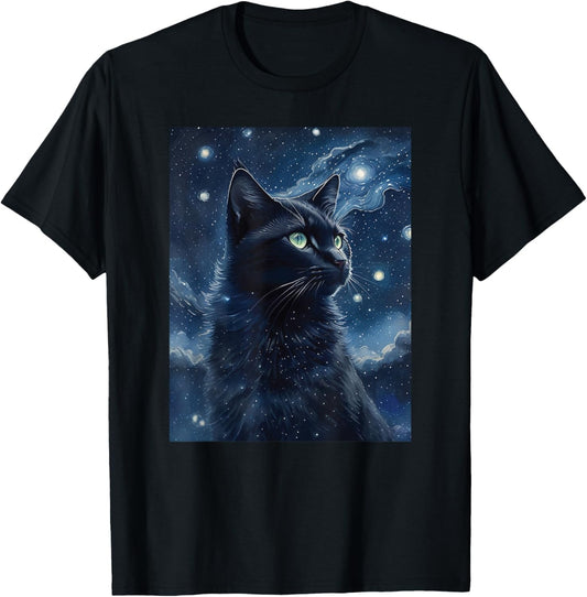 black cat Painting art Starry Night kitty kitten Van Gogh T-Shirt