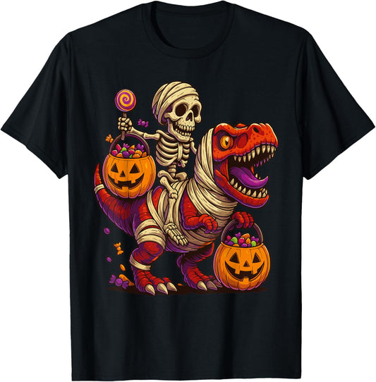 Skeleton Riding Mummy Dinosaur T rex Halloween Funny Pumpkin T-Shirt
