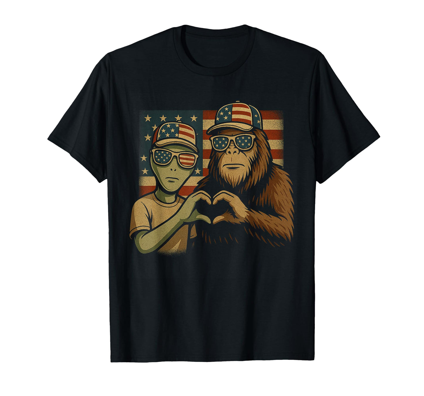 Funny Bigfoot Sasquatch UFO Bigfoot And Alien 4th Of July T-Shirt