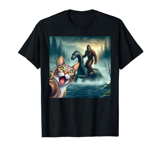Cat Selfie bigfoot riding loch Ness monster surprised cat T-Shirt for Men Women Kids