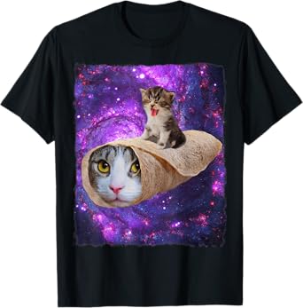Cute Space Cat Kitty Riding A Burrito Cat In Outer Space T-Shirt