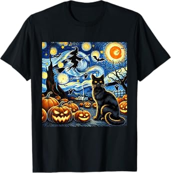 Halloween Cat Van Gogh Starry Night Witch Bats Pumpkin T-Shirt for Men Women Kids