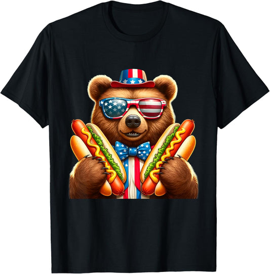 Hotdog Bear Funny Patriotic Bear USA Flag Wiener 4th of july T-Shirt