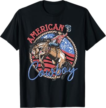 Cowboy Riding Horses Retro Western 4th Of July Patriotic USA T-Shirt