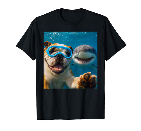 Funny English Bulldog Dog Selfie with Shark Ocean Lovers T-Shirt