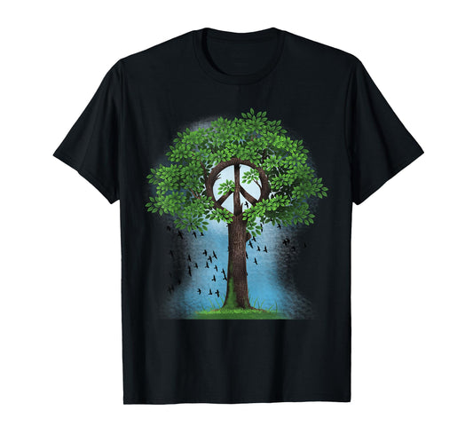 Peace Sign Hippie Retro Tree Nature Peace Symbol Unity Birds T-Shirt