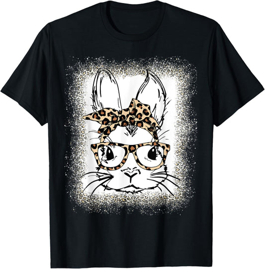 Cute Bunny Face Leopard Print Glasses Bandana Easter Women T-Shirt