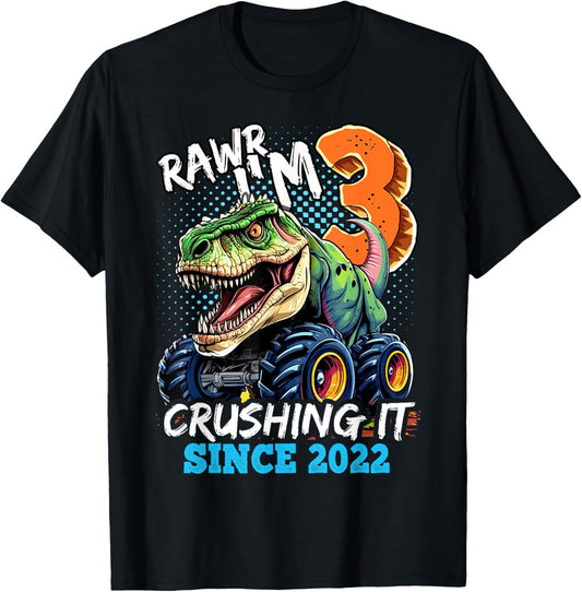 3rd Birthday Monster Truck Dinosaur Party Boys Rawr I'm 3 T-Shirt