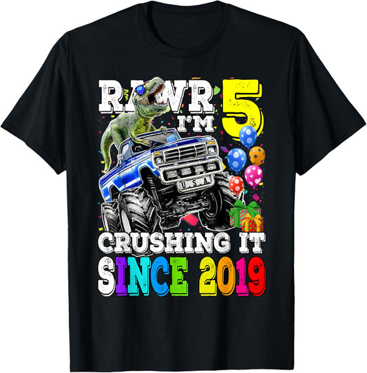 Rawr I'm 5 Crushing It Since 2019 Monster Truck 5th Birthday T-Shirt