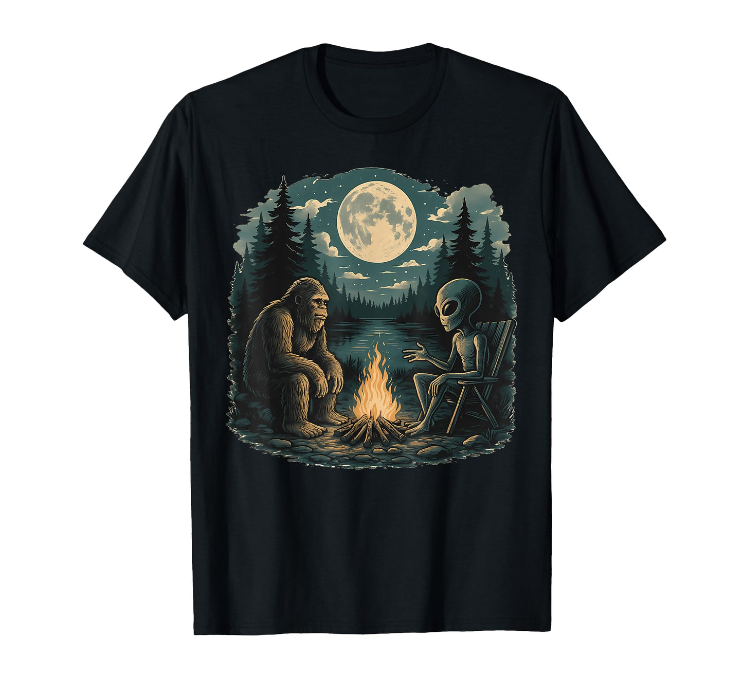 Funny Bigfoot Sasquatch Alien Campfire Forest Camping Talk T-Shirt