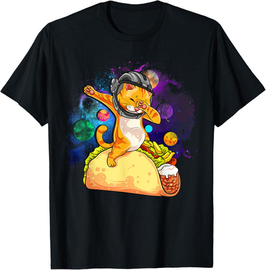 Funny Dabbing Cat Astronaut In Space Riding Taco T-Shirt