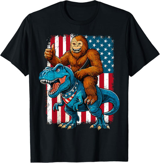 Bigfoot T Rex Dinosaur 4th of July Funny Patriotic USA Flag T-Shirt