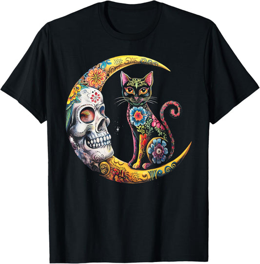 Cat Halloween Costume Crescent Moon Skull Decor for Men T-Shirt