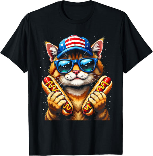 4th of July Hotdog Cat Funny Patriotic Cat Wiener USA Flag T-Shirt
