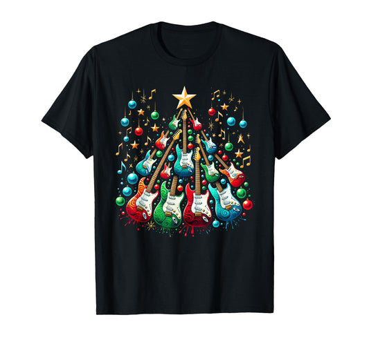 Funny Guitar Santa Hat Christmas Tree Guitar Music Lovers T-Shirt