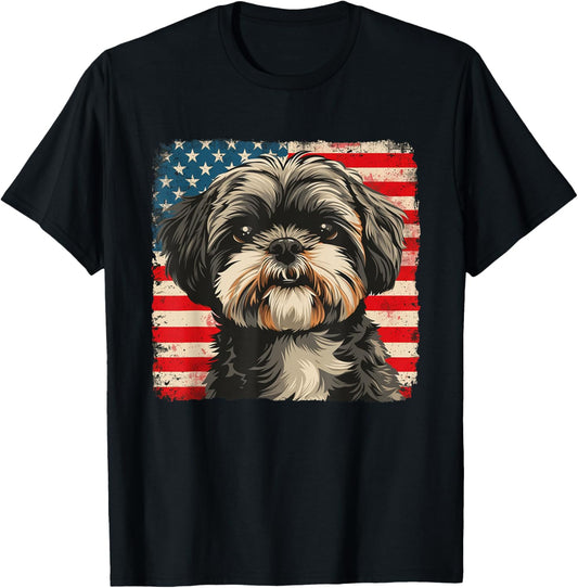 Shih Tzu Dog Art USA Flag Shirt July 4th Women Men Kids T-Shirt