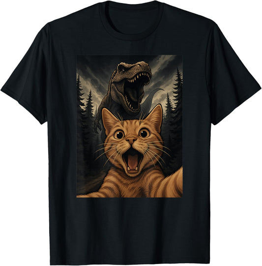 Funny Orange Cat Selfie Dinosaur Trex Animal Lover Mom Dad T-Shirt