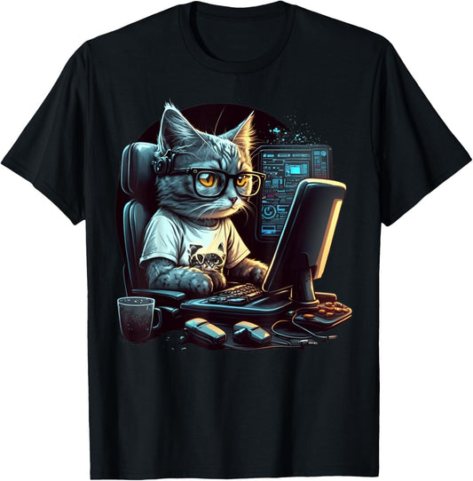 Funny Cat Work On Computers wearing glasses Computer Nerd T-Shirt