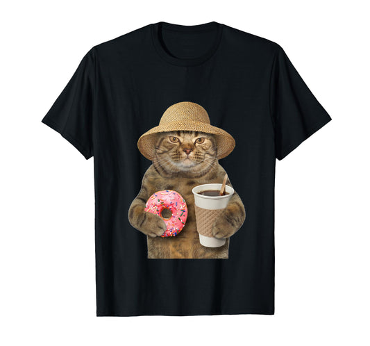 Funny brown Cat with coffee and donut T-Shirt