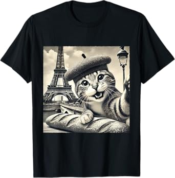 Paris Cat in Beret with Baguette Funny Eiffel Tower T-Shirt for Men Women Kids