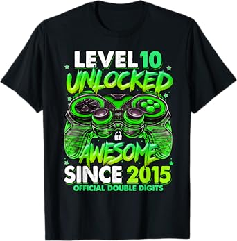 Level 10 Unlocked Awesome Since 2015 10th Birthday Gaming T-Shirt