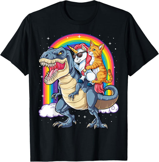 Cat Unicorn Riding Dinosaur T rex Kitten Lover Space Galaxy T-Shirt for Men Women Kids