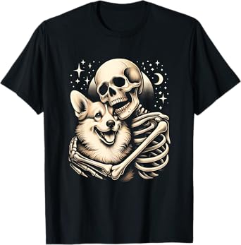 Skeleton Hugging Dog Halloween Corgi Love Dog Mom Dad T-Shirt for Men Women