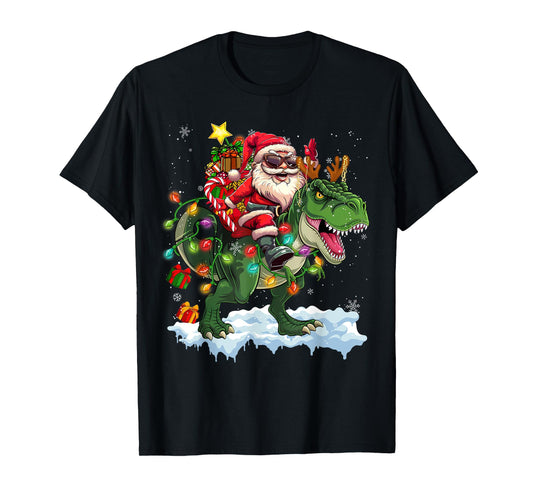 Merry Christmas 2025 Santa Riding Dinosaur Xmas Boy Men Kids T-Shirt