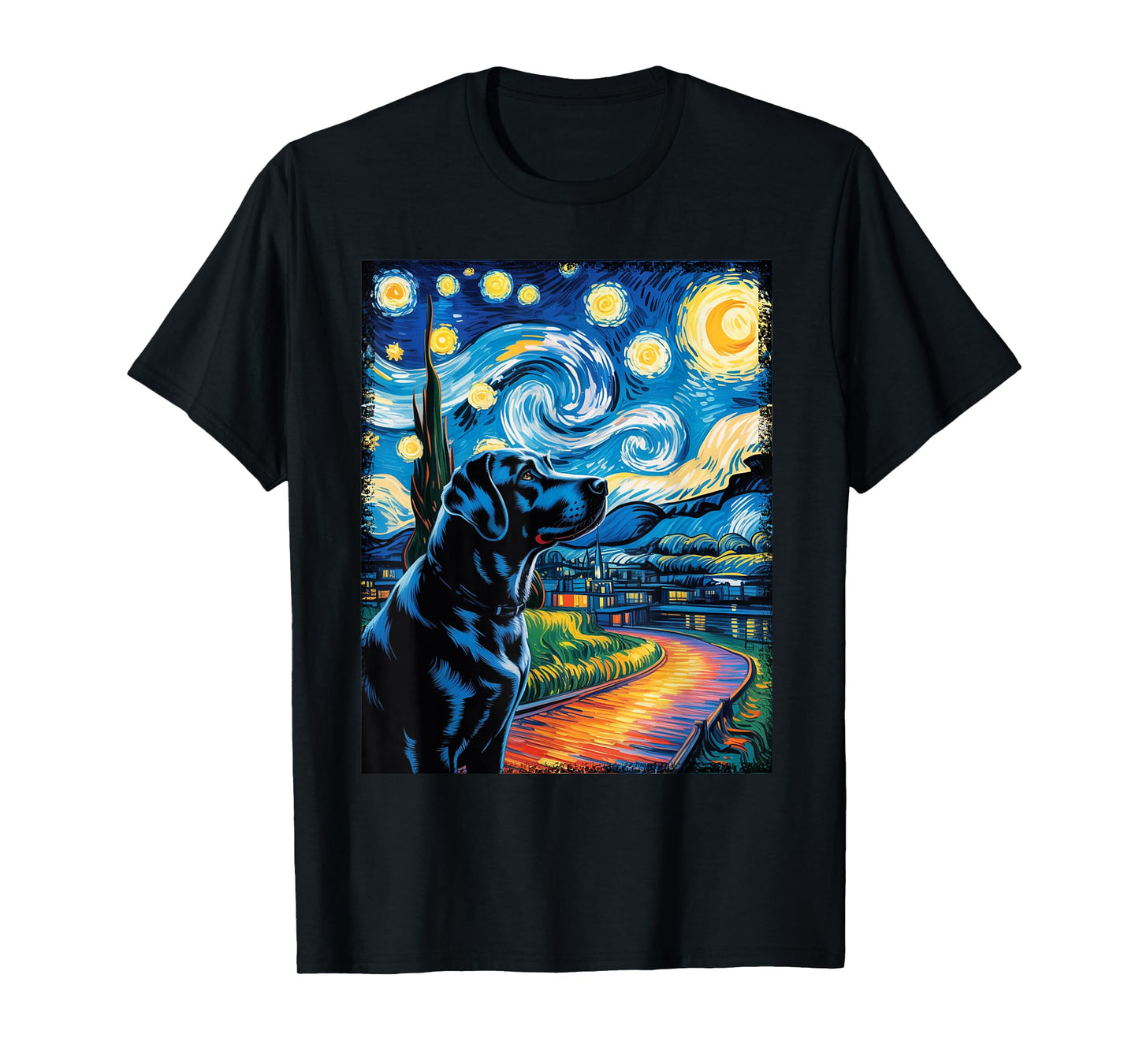 Labrador Dog Art Starry Night Painting Van Gogh Black Lab T-Shirt