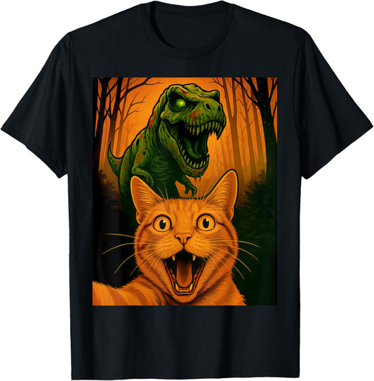 Scared Cat Selfie with Zombie T-Rex Dinosaur Halloween Day T-Shirt