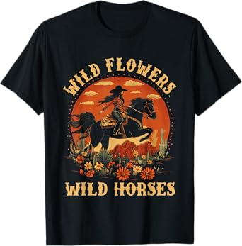 Retro Southern Sunset 80s Wild Flowers Wild Horses T-Shirt