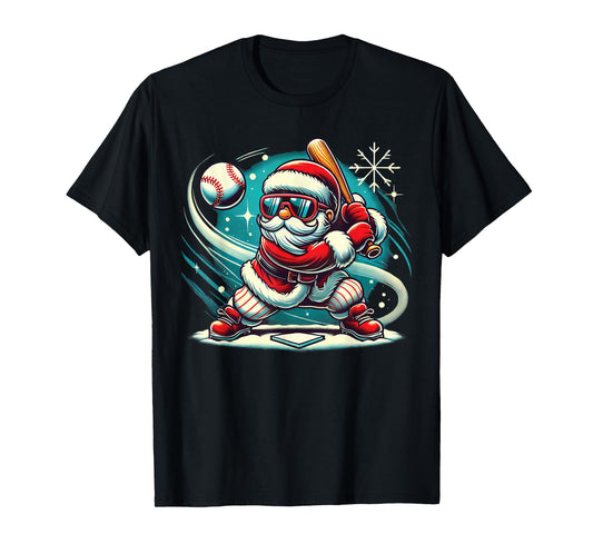 Cute Santa Claus Playing Baseball Boys Kids Teens Christmas T-Shirt