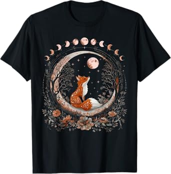 Witchy Moon Cottagecore Aesthetic Floral Fox Women Girls T-Shirt