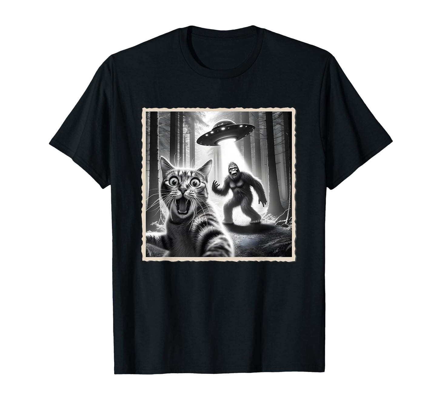 Cat Selfie With Bigfoot & UFO | Funny Sasquatch & Cat T-Shirt