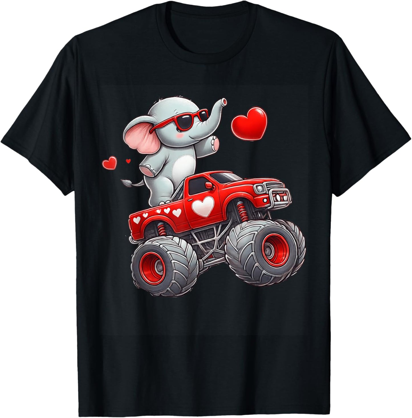 Valentines Day Elephant Riding Monster Truck Cute Boys Girls T-Shirt