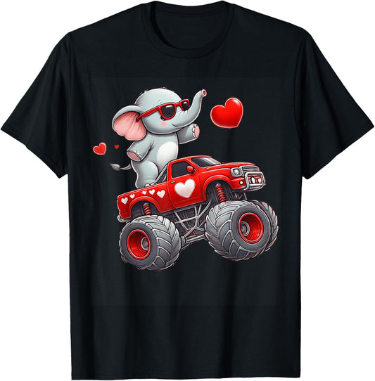 Valentines Day Elephant Riding Monster Truck Cute Boys Girls T-Shirt