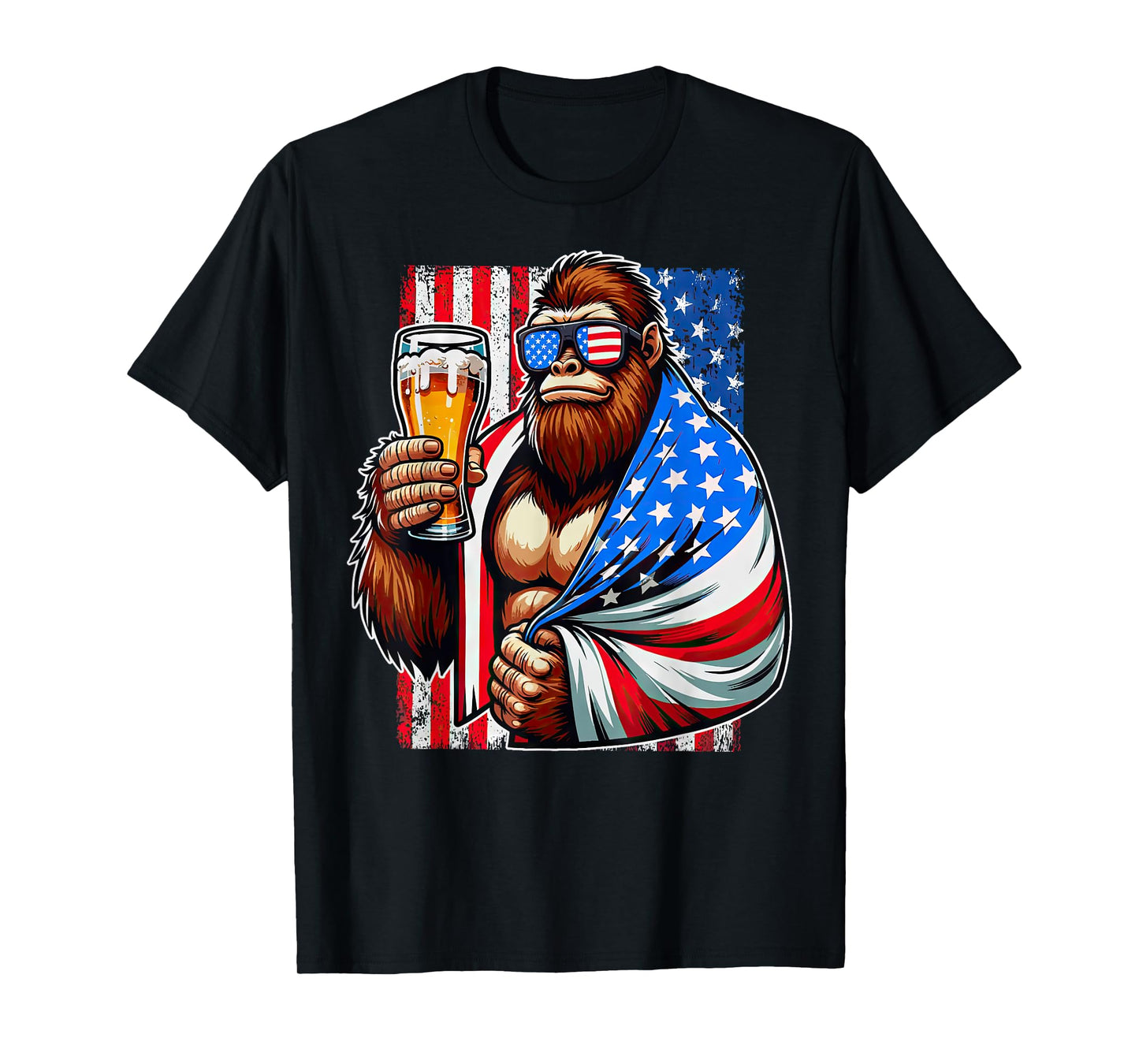 Bigfoot American Flag Drinking Beer 4th Of July Patriotic T-Shirt for Women Men