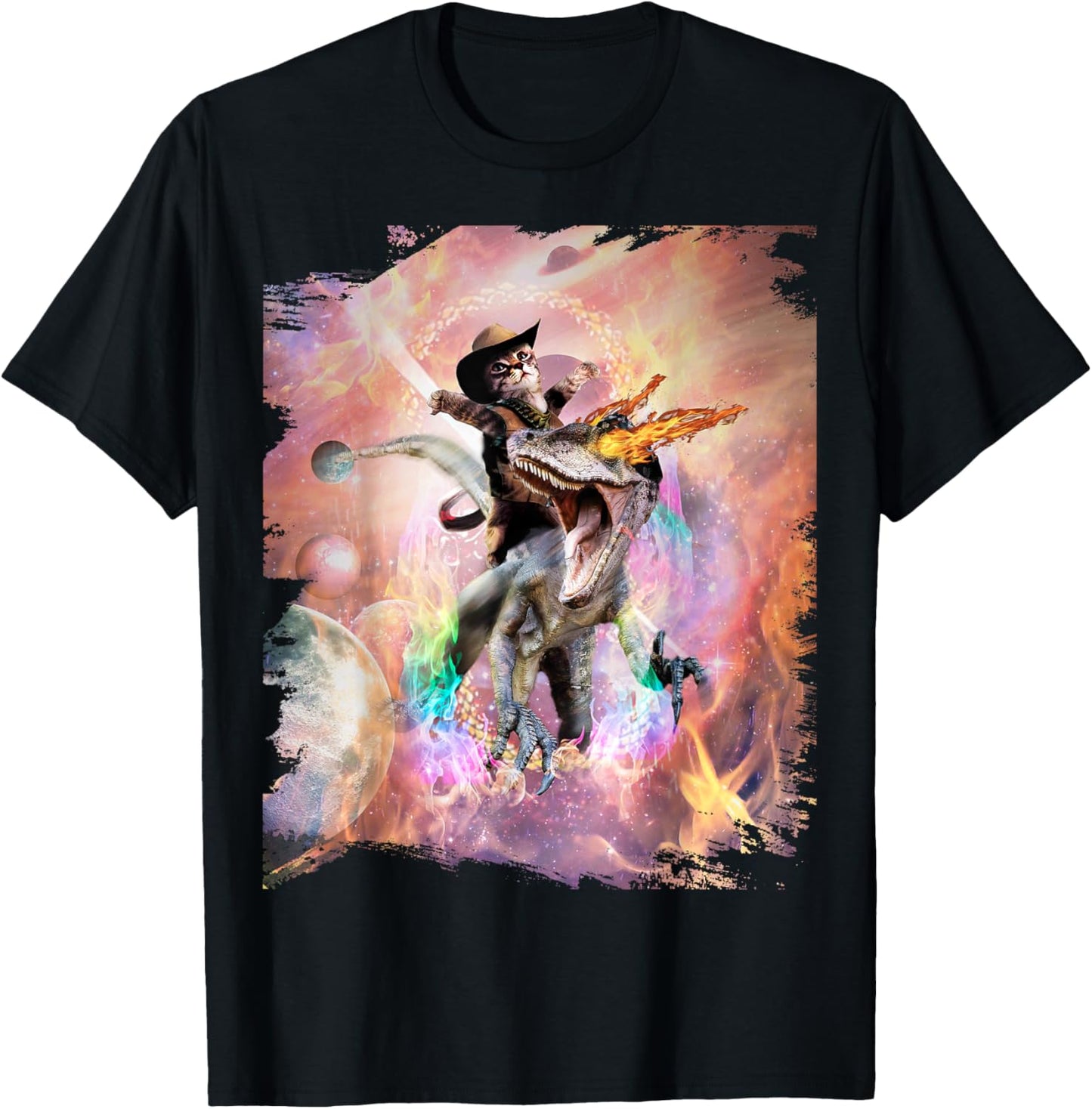 Evil Velociraptor Raptor Fire Dinosaur & Space Cat Men Women Girls Kids T-Shirt