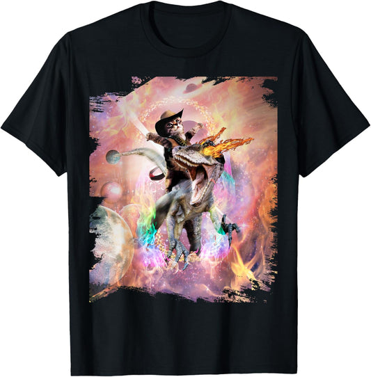 Evil Velociraptor Raptor Fire Dinosaur & Space Cat Men Women Girls Kids T-Shirt