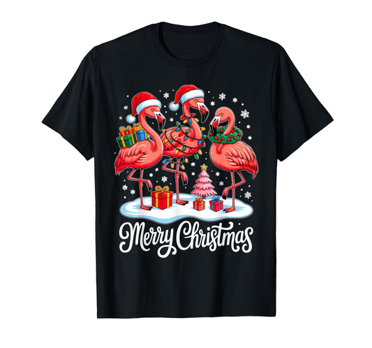 Merry Christmas Hat Santa Flamingo Light Xmas Women Girls T-Shirt